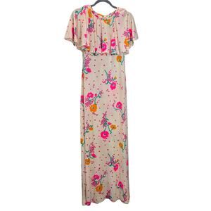 Vintage 70s Young Dimension Saks Fifth Avenue Maxi Dress Ruffle Cream Pink Fairy